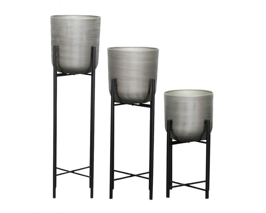 Sagebrook Metal Planters On Stand (Set Of 3) - Silver/Black