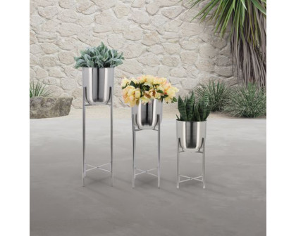 Sagebrook Metal Planters On Stand (Set Of 3) - Silver/Silver