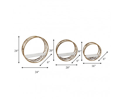 Sagebrook - Metal Round Wall Shelves (Set Of 3) in White/Gold