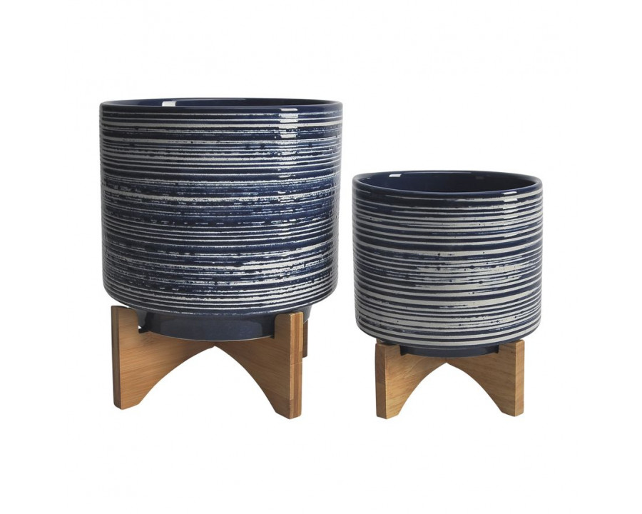 Sagebrook 8"/10" Ceramic Planters On Stand (Set Of 2) - Blue