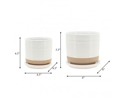 Sagebrook - 5"/6" Ceramic Planters With Saucer (Set Of 2) in White