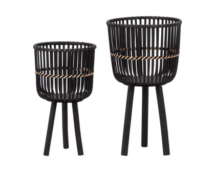 Sagebrook - 10"/12" Bamboo Footed Planters (Set Of 2) in Black