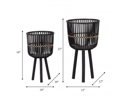 Sagebrook - 10"/12" Bamboo Footed Planters (Set Of 2) in Black