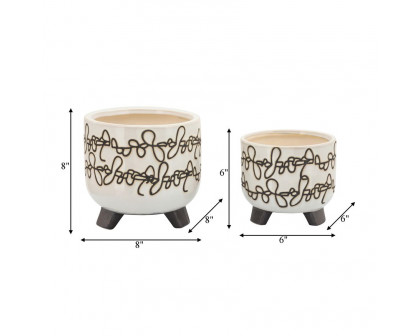 Sagebrook 6"/8" Ceramic Scribble Footed Planters (Set Of 2) - Beige