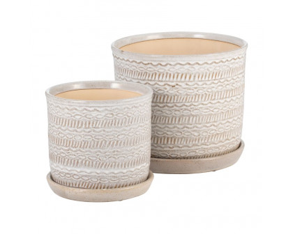 Sagebrook 6"/8" Tribal Planters With Saucer (Set Of 2) - Beige