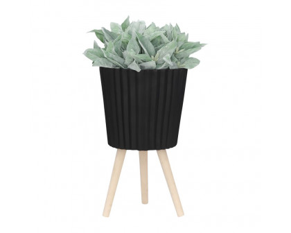 Sagebrook 10"/12" Ridged Planters With Wood Legs (Set Of 2) - Black (kd)