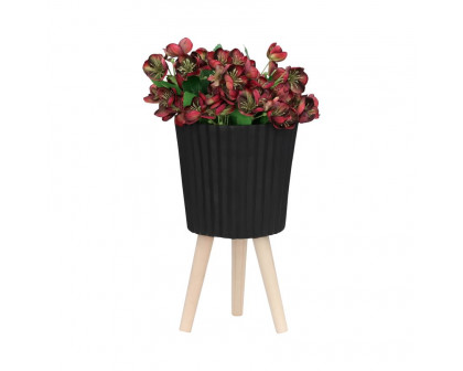 Sagebrook 10"/12" Ridged Planters With Wood Legs (Set Of 2) - Black (kd)