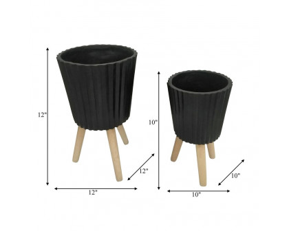 Sagebrook 10"/12" Ridged Planters With Wood Legs (Set Of 2) - Black (kd)