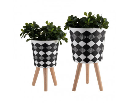 Sagebrook 10"/12" Diamond Planters With Wood Legs (Set Of 2) - Black (kd)