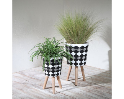 Sagebrook 10"/12" Diamond Planters With Wood Legs (Set Of 2) - Black (kd)