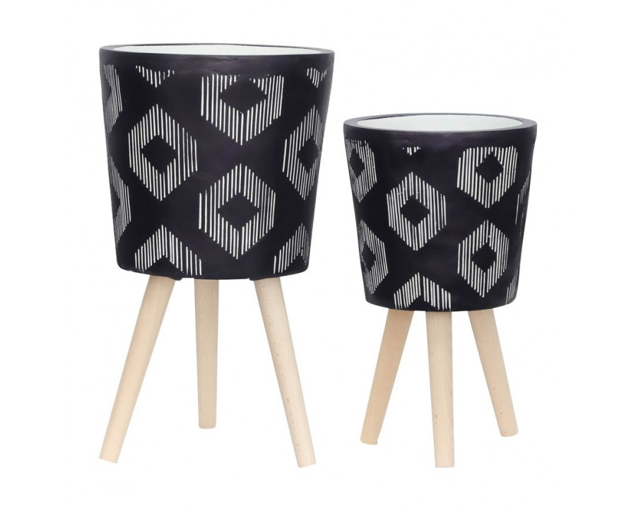 Sagebrook 10"/12" Diamond Planters With Wood Legs (Set Of 2) - Black (kd)