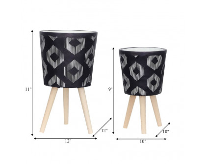 Sagebrook 10"/12" Diamond Planters With Wood Legs (Set Of 2) - Black (kd)