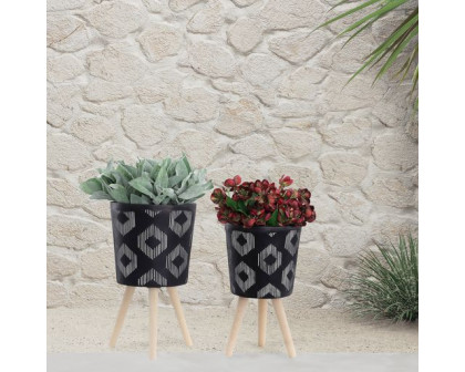 Sagebrook 10"/12" Diamond Planters With Wood Legs (Set Of 2) - Black (kd)