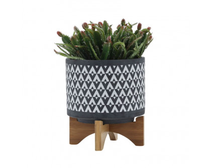 Sagebrook 8" Ceramic Aztec Planter On Wooden Stand - Gray