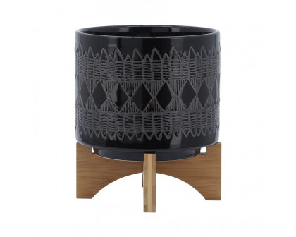 Sagebrook 8" Ceramic Aztec Planter On Wooden Stand - Black