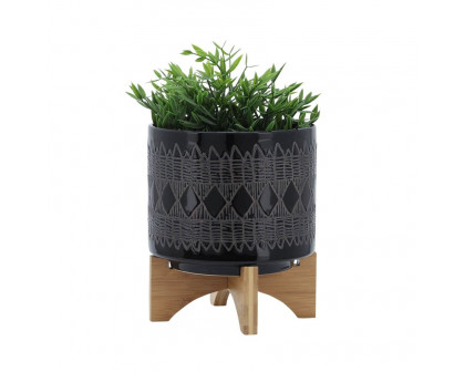 Sagebrook 8" Ceramic Aztec Planter On Wooden Stand - Black