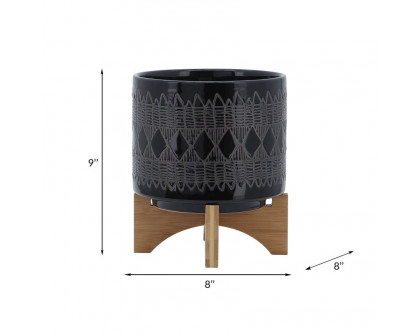 Sagebrook 8" Ceramic Aztec Planter On Wooden Stand - Black