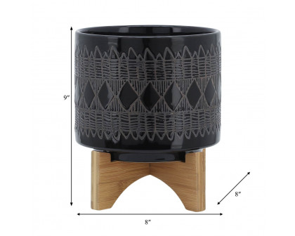 Sagebrook 8" Ceramic Aztec Planter On Wooden Stand - Black