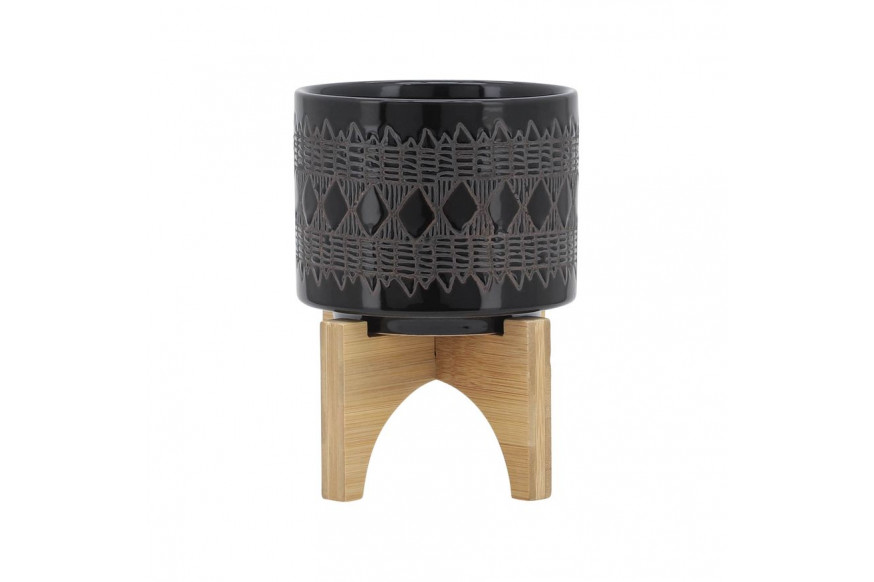 Sagebrook™ 5" Ceramic Aztec Planter On Wooden Stand - Black