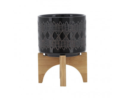 Sagebrook™ 5" Ceramic Aztec Planter On Wooden Stand - Black