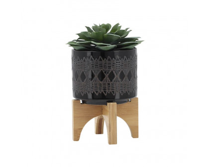 Sagebrook™ 5" Ceramic Aztec Planter On Wooden Stand - Black