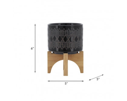 Sagebrook™ 5" Ceramic Aztec Planter On Wooden Stand - Black