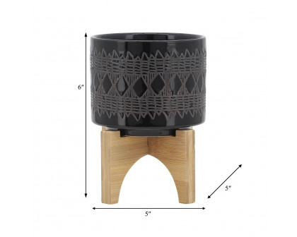 Sagebrook™ 5" Ceramic Aztec Planter On Wooden Stand - Black