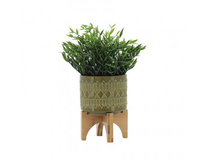 Sagebrook 5" Ceramic Aztec Planter On Wooden Stand - Olive