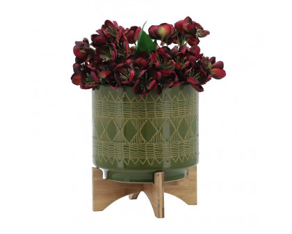 Sagebrook 10" Ceramic Aztec Planter On Wooden Stand - Olive