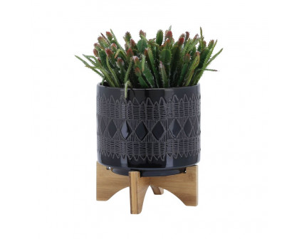 Sagebrook 8"/10" Ceramic Aztec Planters On Wooden Stand (Set Of 2) - Black