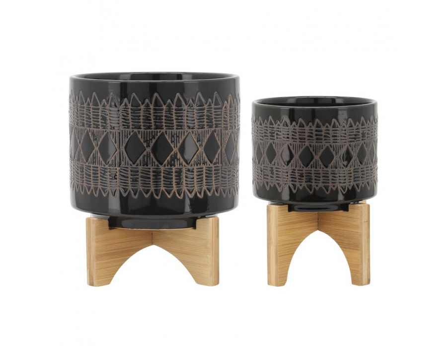 Sagebrook 5"/8" Ceramic Aztec Planters On Wooden Stand (Set Of 2) - Black