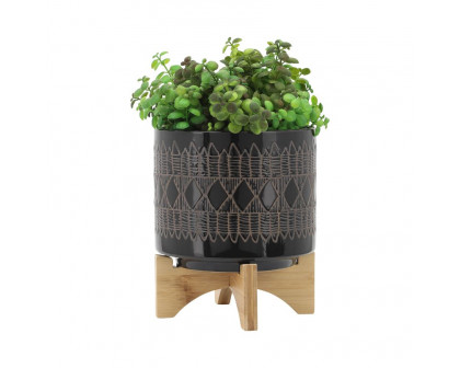 Sagebrook 5"/8" Ceramic Aztec Planters On Wooden Stand (Set Of 2) - Black