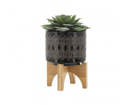 Sagebrook 5"/8" Ceramic Aztec Planters On Wooden Stand (Set Of 2) - Black