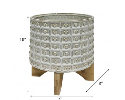 Sagebrook™ 8" Ceramic Dotted Planter With Wood Stand - Ivory