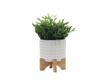 Sagebrook 5" Ceramic Dotted Planter With Wood Stand - Ivory