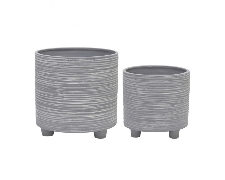 Sagebrook 6"/8" Footed Planters With Lines (Set Of 2) - Gray