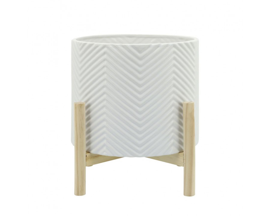 Sagebrook 12" Ceramic Chevron Planter With Wood Stand - White