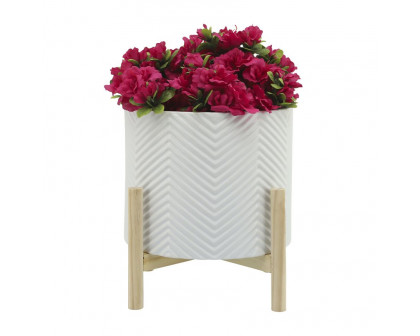 Sagebrook 12" Ceramic Chevron Planter With Wood Stand - White