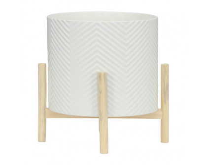 Sagebrook 12" Ceramic Chevron Planter With Wood Stand - White