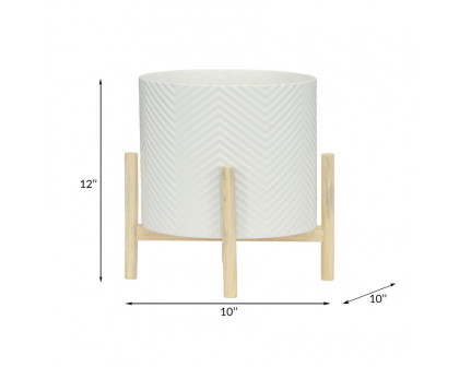 Sagebrook 12" Ceramic Chevron Planter With Wood Stand - White