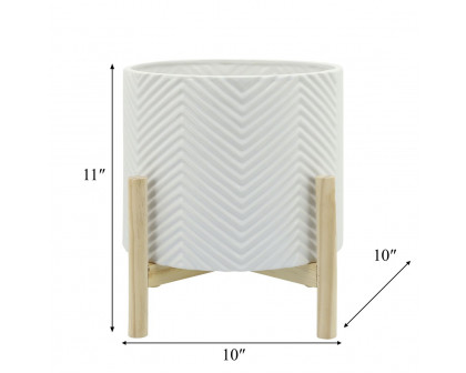 Sagebrook 12" Ceramic Chevron Planter With Wood Stand - White