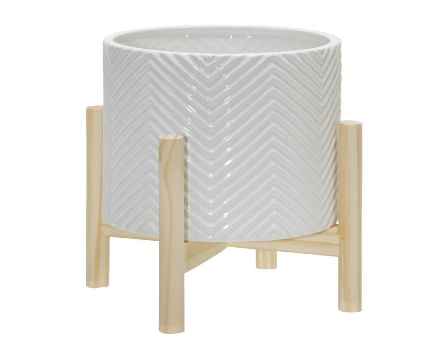 Sagebrook 8" Ceramic Chevron Planter With Wood Stand - White