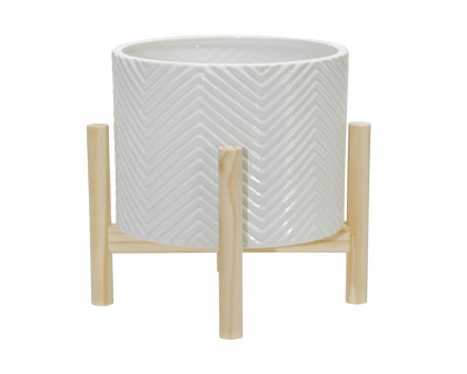 Sagebrook 8" Ceramic Chevron Planter With Wood Stand - White