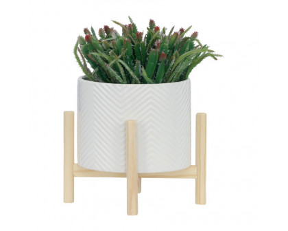 Sagebrook 8" Ceramic Chevron Planter With Wood Stand - White