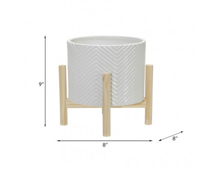 Sagebrook 8" Ceramic Chevron Planter With Wood Stand - White