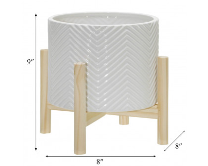 Sagebrook 8" Ceramic Chevron Planter With Wood Stand - White