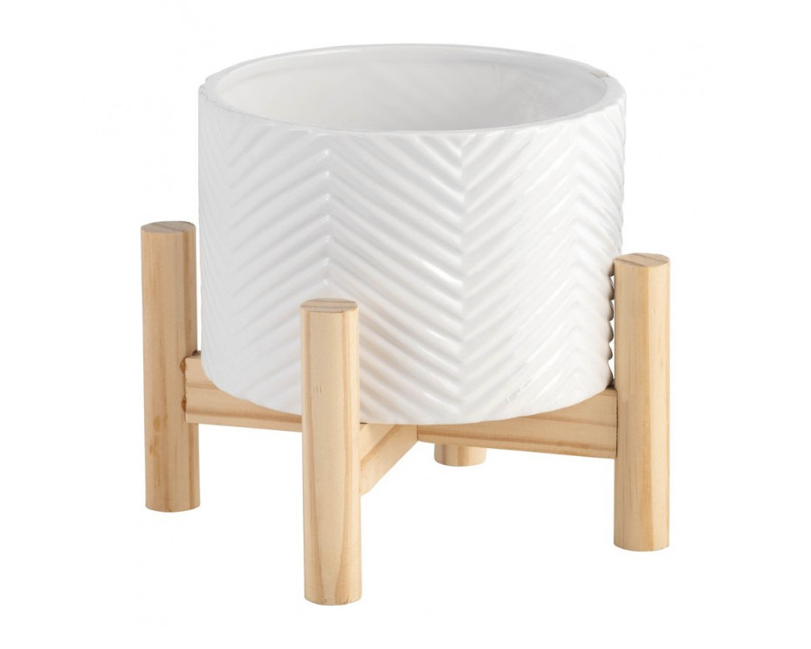 Sagebrook 6" Ceramic Chevron Planter With Wood Stand - White