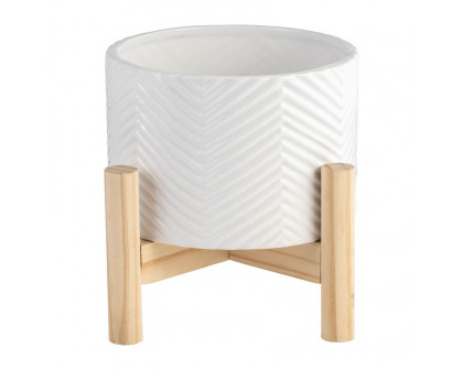 Sagebrook 6" Ceramic Chevron Planter With Wood Stand - White