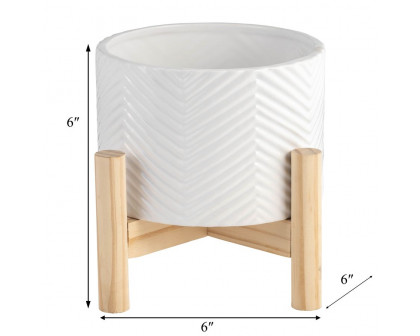 Sagebrook 6" Ceramic Chevron Planter With Wood Stand - White