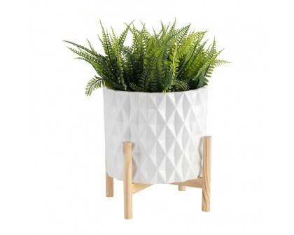 Sagebrook 12" Ceramic Diamond Planter With Wood Stand - White